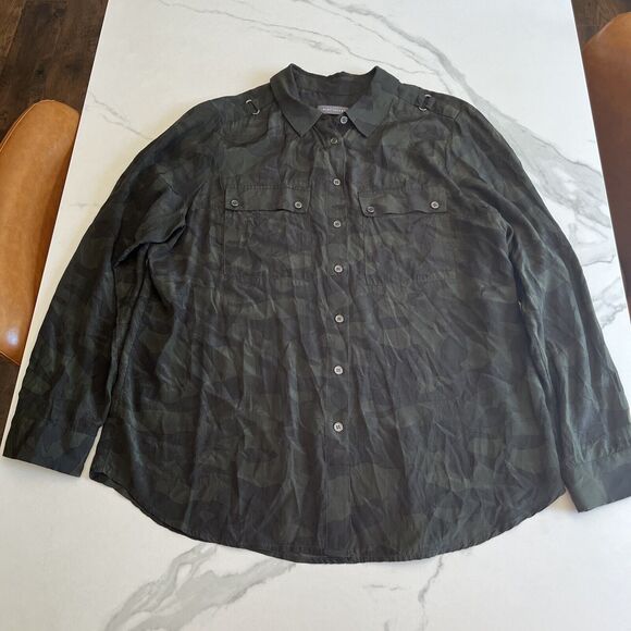 Mint Velvet Camouflage Blouse Top Green Long Sleeve Button Up Women's Size UK 14 - Picture 1 of 16